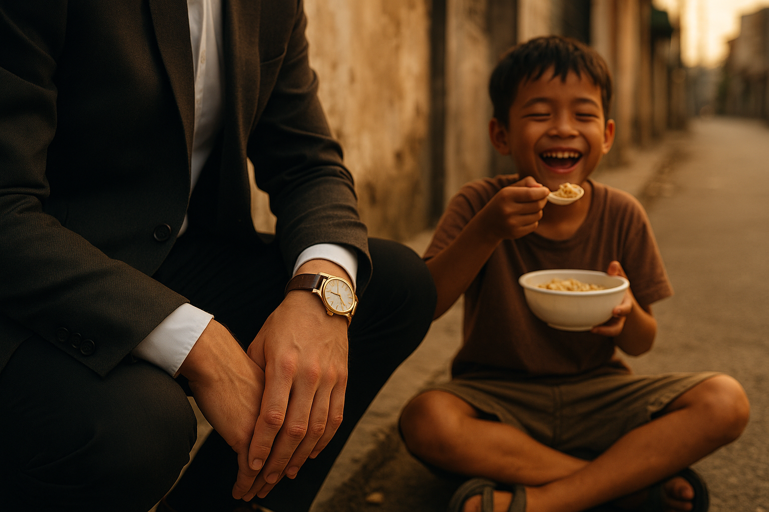 a person wearing nice watch and homeless child eating their meal happily behind his back